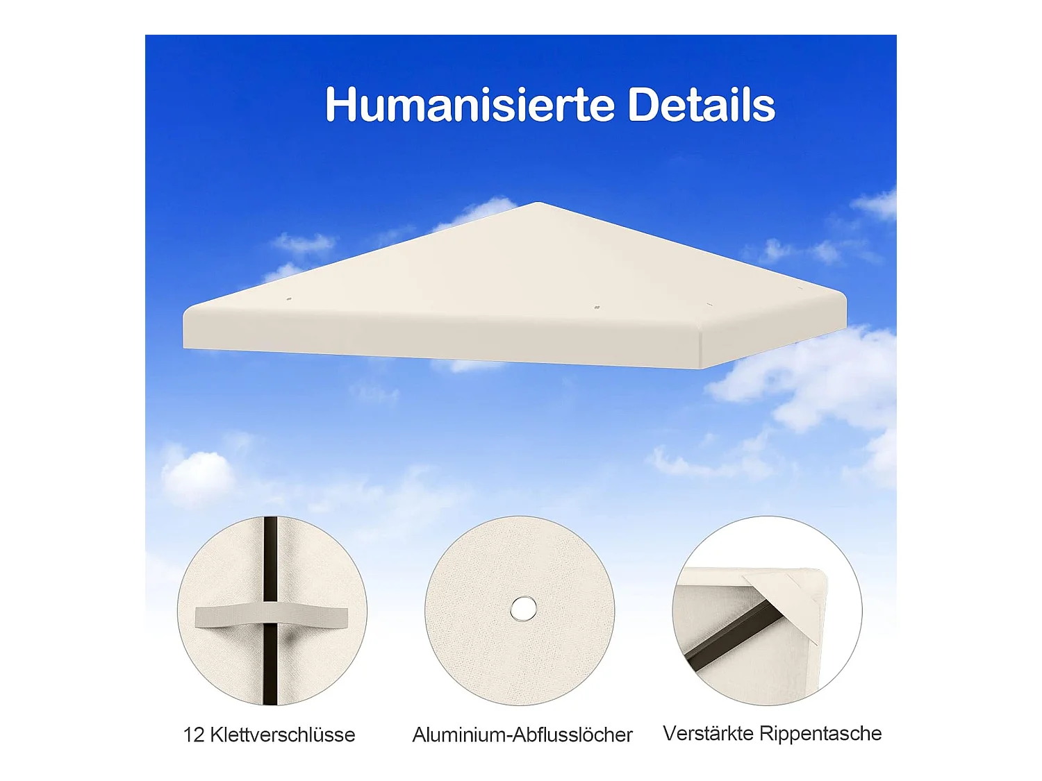 3 x 3 m reservedak voor tuinpaviljoen, paviljoendak, vervangende hoes met afvoergaten en klittenband (beige)ZB32749