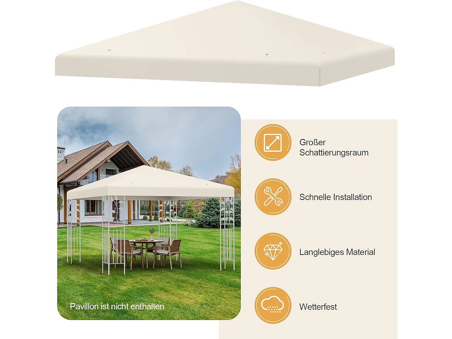 3 x 3 m reservedak voor tuinpaviljoen, paviljoendak, vervangende hoes met afvoergaten en klittenband (beige)ZB32749