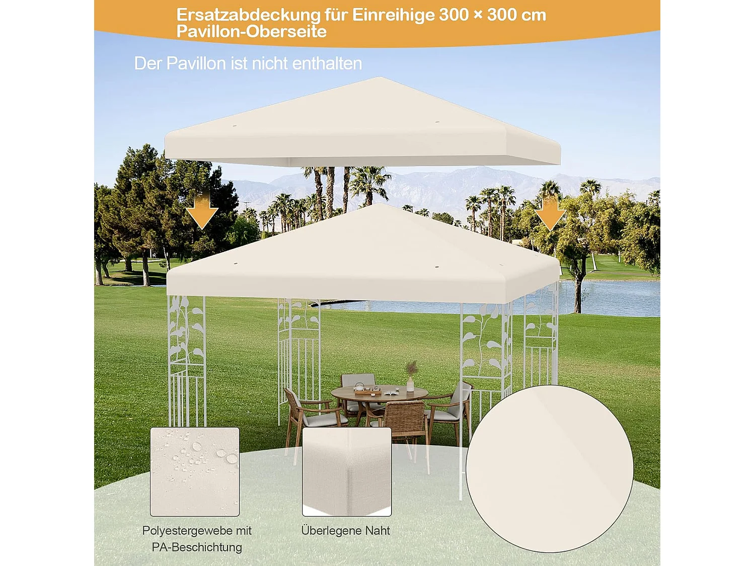 3 x 3 m reservedak voor tuinpaviljoen, paviljoendak, vervangende hoes met afvoergaten en klittenband (beige)ZB32749