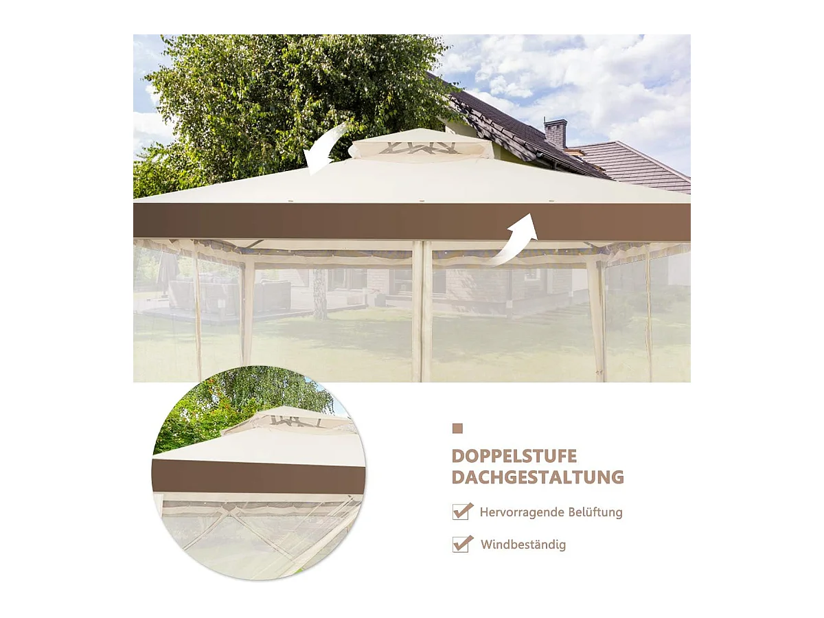 3 x 3 m paviljoen met muggennet en dubbel dak, waterdicht, winterbestendig, tuinpaviljoen, partytent voor terras, tuin, achtertuin (beige)ZB33748
