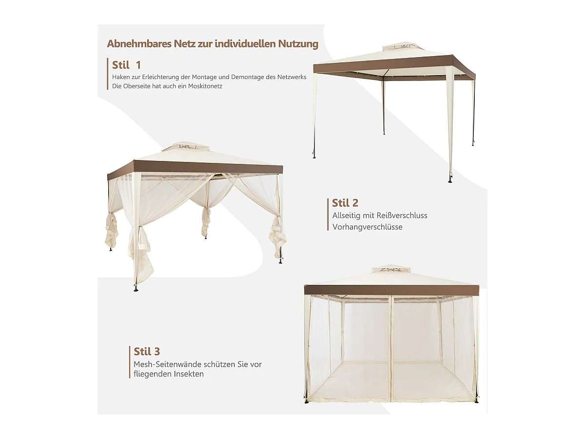 3 x 3 m paviljoen met muggennet en dubbel dak, waterdicht, winterbestendig, tuinpaviljoen, partytent voor terras, tuin, achtertuin (beige)ZB33748