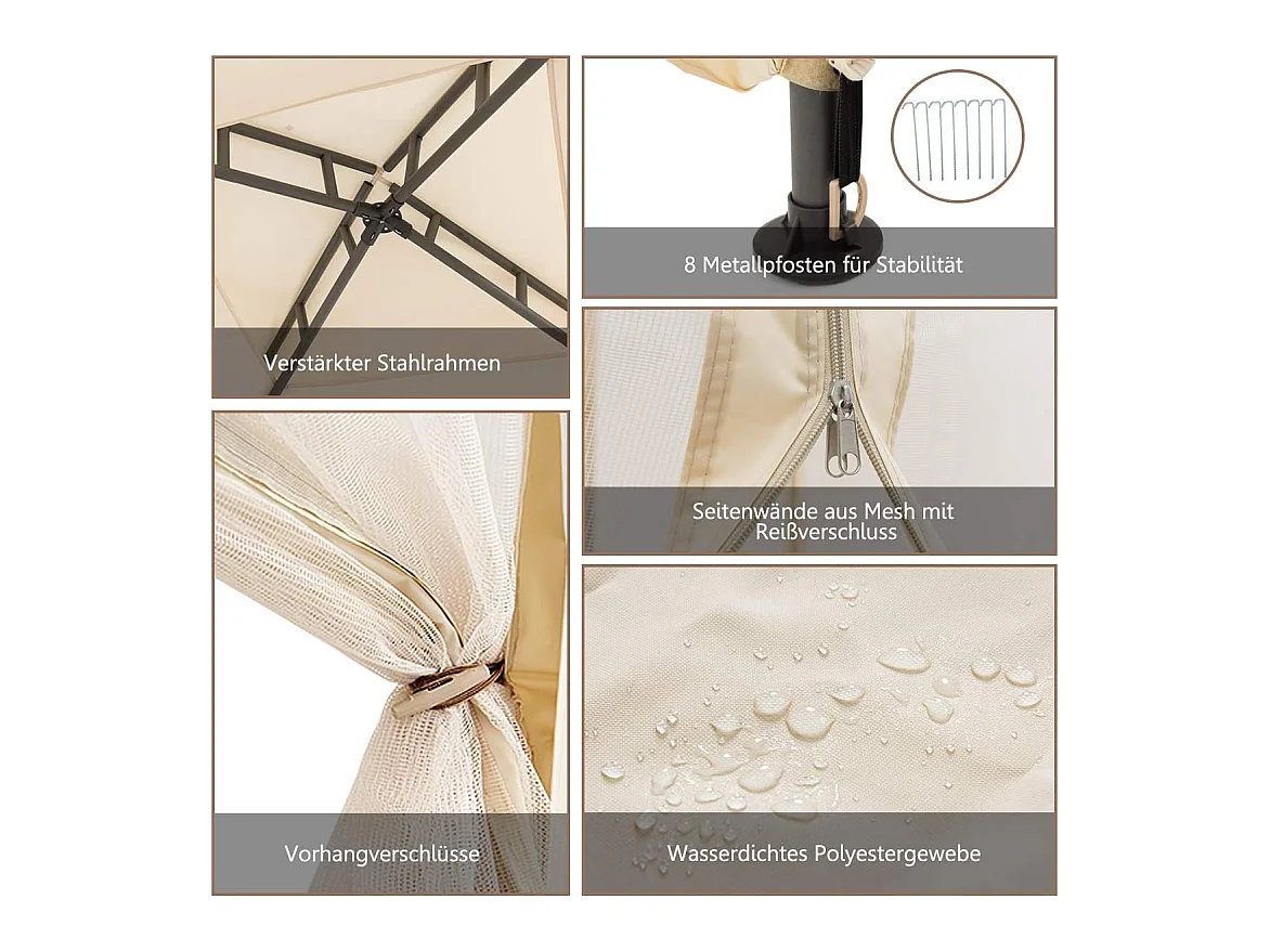 3 x 3 m paviljoen met muggennet en dubbel dak, waterdicht, winterbestendig, tuinpaviljoen, partytent voor terras, tuin, achtertuin (beige)ZB33748