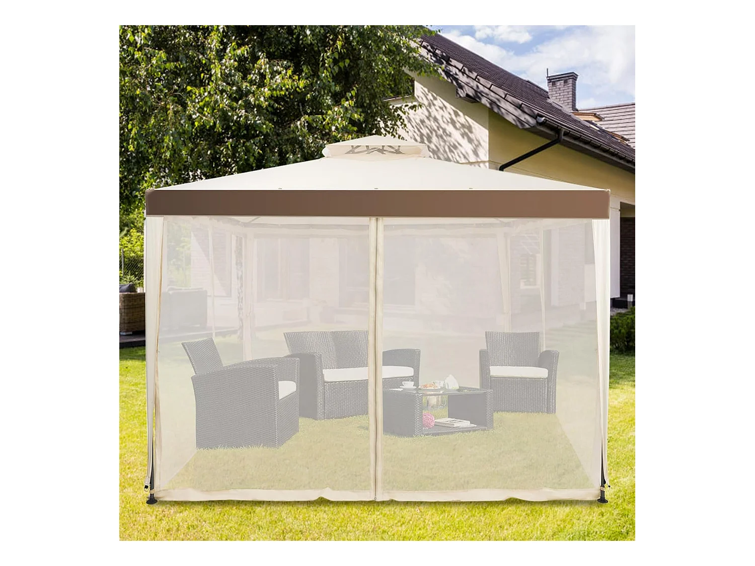 3 x 3 m paviljoen met muggennet en dubbel dak, waterdicht, winterbestendig, tuinpaviljoen, partytent voor terras, tuin, achtertuin (beige)ZB33748