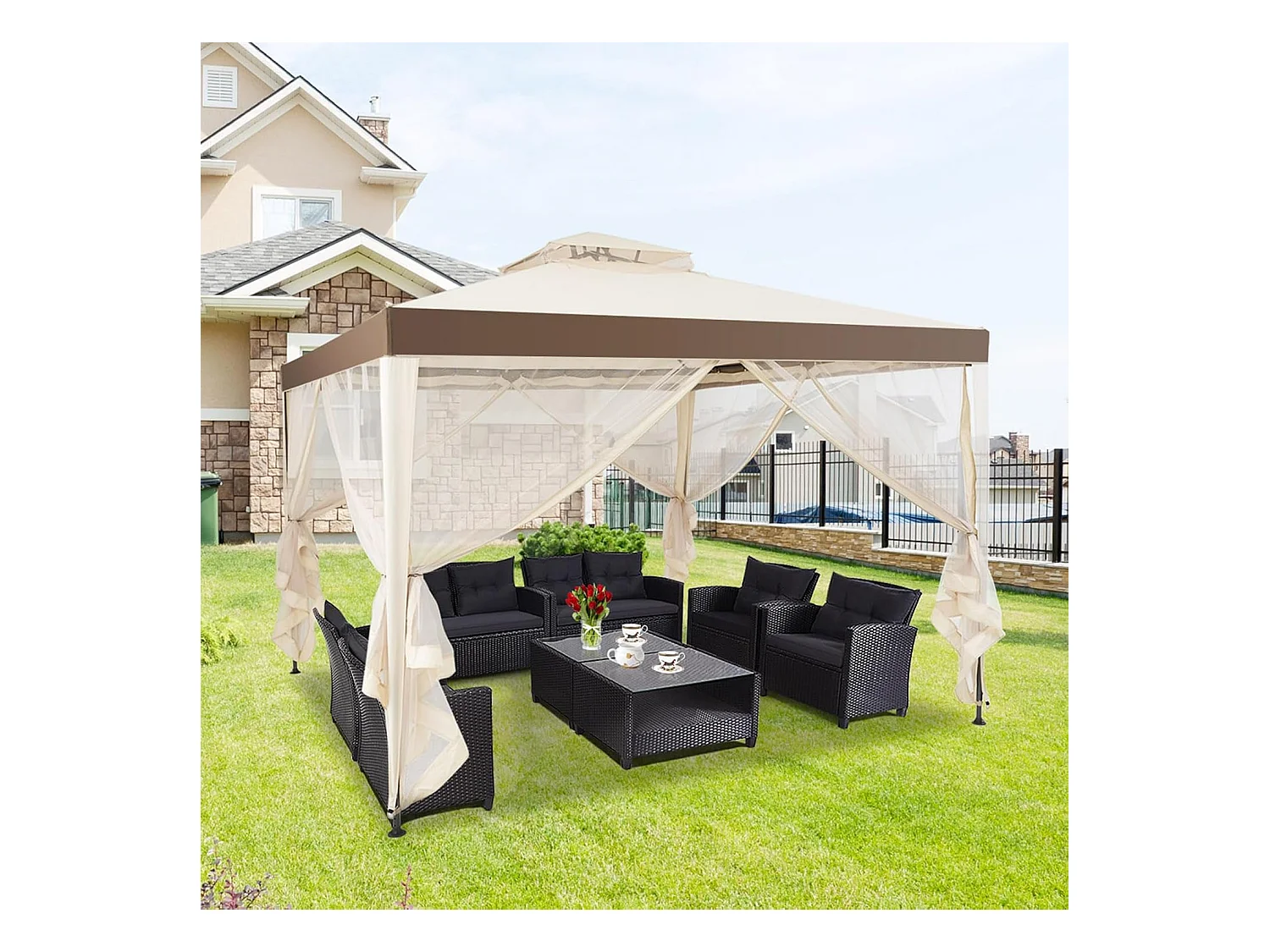 3 x 3 m paviljoen met muggennet en dubbel dak, waterdicht, winterbestendig, tuinpaviljoen, partytent voor terras, tuin, achtertuin (beige)ZB33748