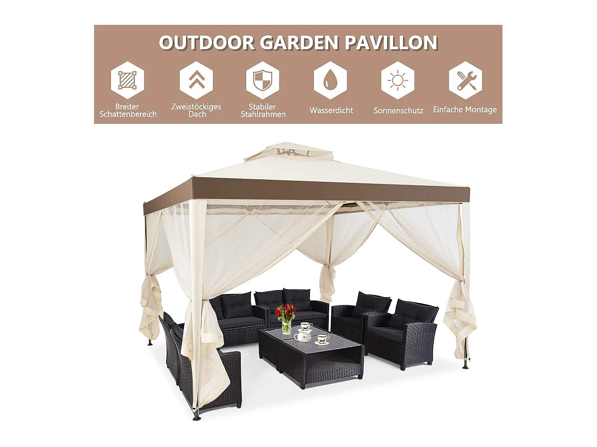 3 x 3 m paviljoen met muggennet en dubbel dak, waterdicht, winterbestendig, tuinpaviljoen, partytent voor terras, tuin, achtertuin (beige)ZB33748