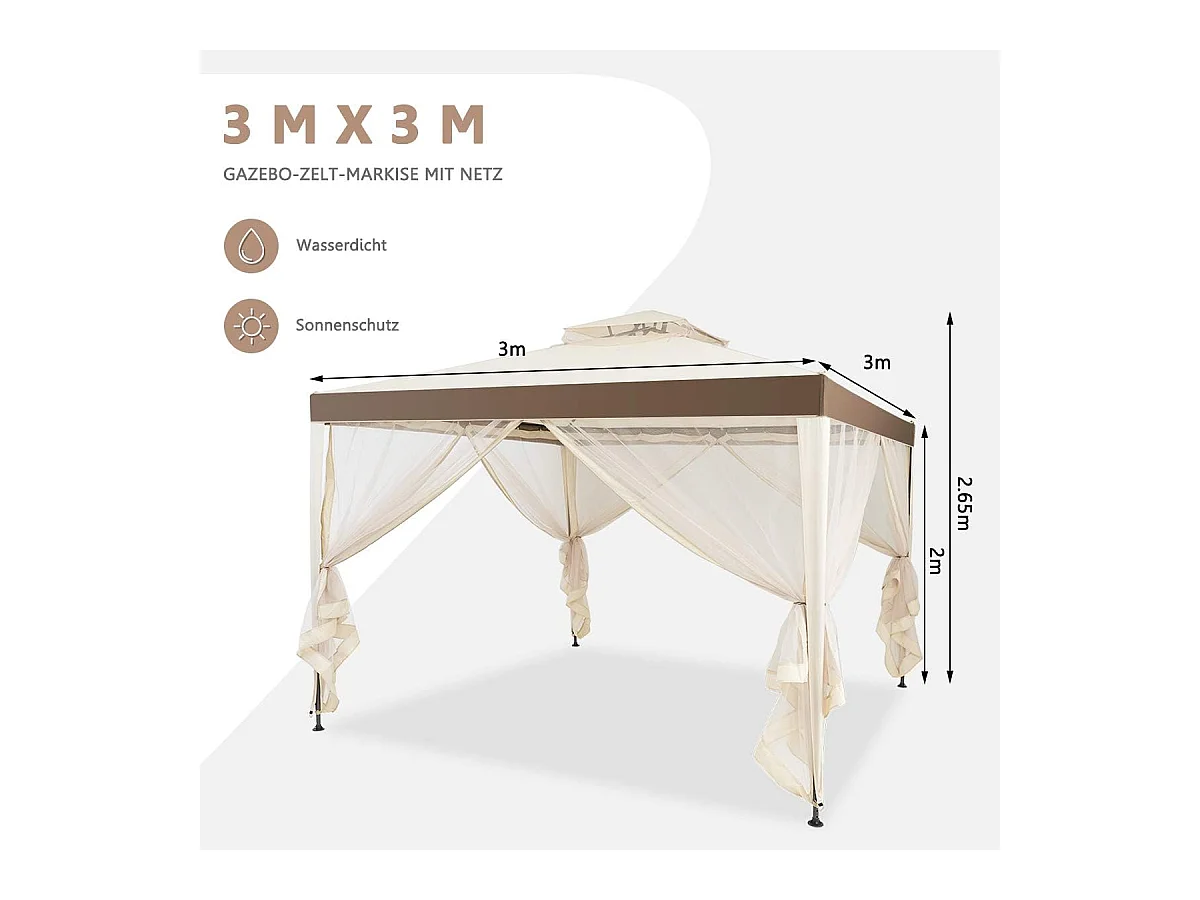 3 x 3 m paviljoen met muggennet en dubbel dak, waterdicht, winterbestendig, tuinpaviljoen, partytent voor terras, tuin, achtertuin (beige)ZB33748
