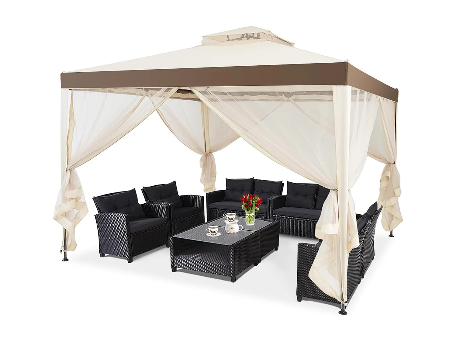 3 x 3 m paviljoen met muggennet en dubbel dak, waterdicht, winterbestendig, tuinpaviljoen, partytent voor terras, tuin, achtertuin (beige)ZB33748