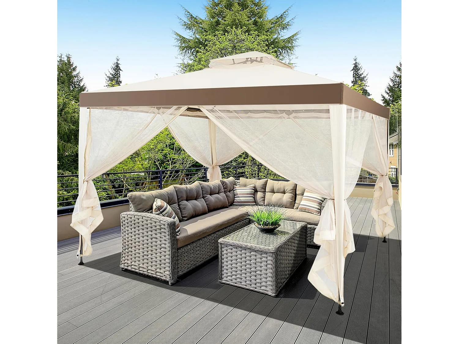 3 x 3 m paviljoen met muggennet en dubbel dak, waterdicht, winterbestendig, tuinpaviljoen, partytent voor terras, tuin, achtertuin (beige)ZB33748