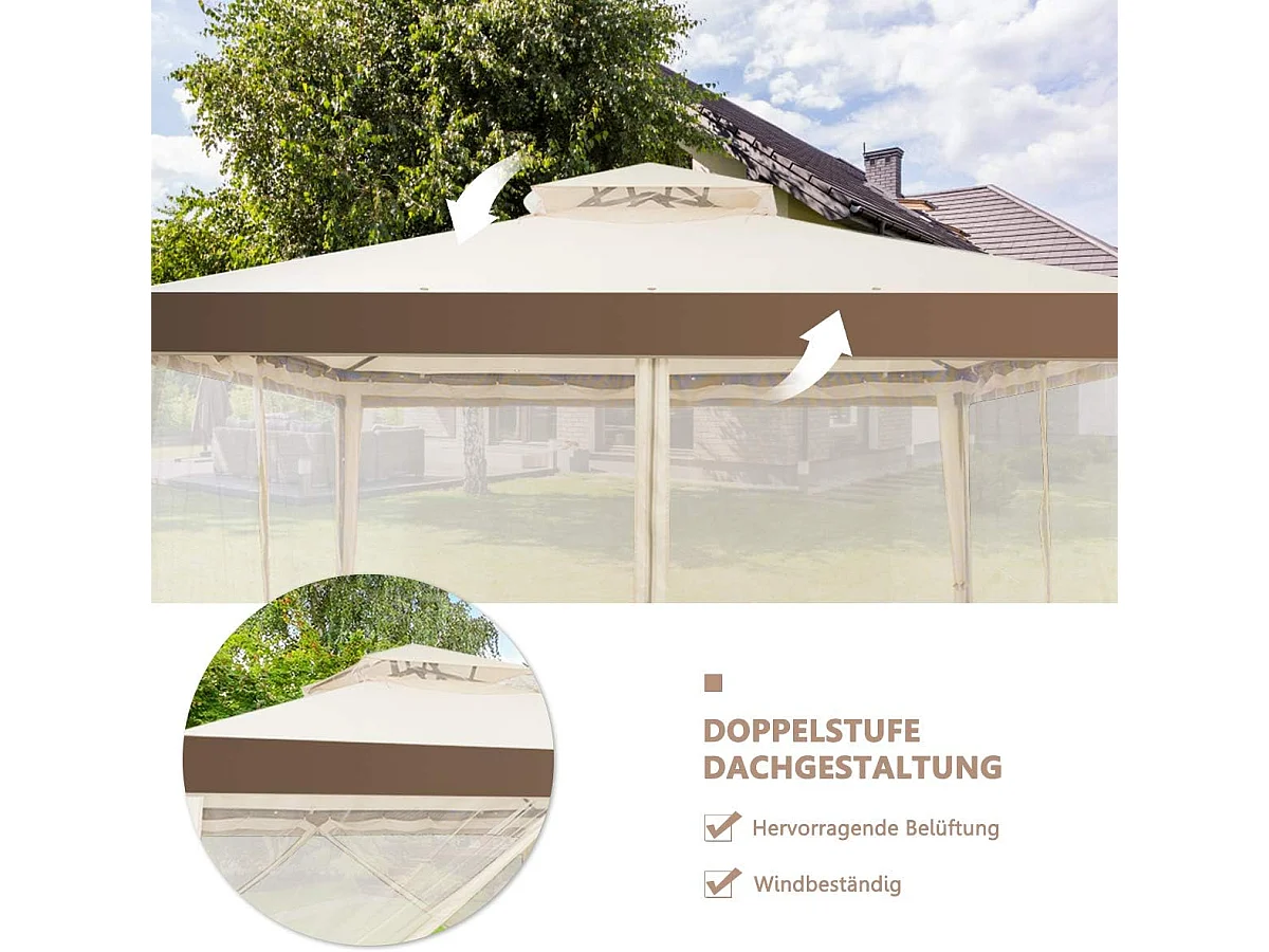 3 x 3 m paviljoen met muggennet en dubbel dak, waterdicht, winterbestendig, tuinpaviljoen, partytent voor terras, tuin, achtertuin (beige)ZB33748