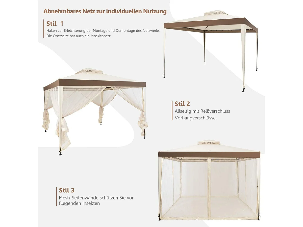 3 x 3 m paviljoen met muggennet en dubbel dak, waterdicht, winterbestendig, tuinpaviljoen, partytent voor terras, tuin, achtertuin (beige)ZB33748