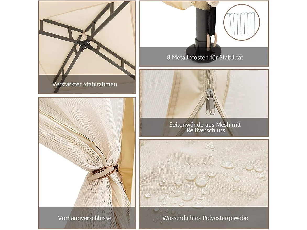 3 x 3 m paviljoen met muggennet en dubbel dak, waterdicht, winterbestendig, tuinpaviljoen, partytent voor terras, tuin, achtertuin (beige)ZB33748