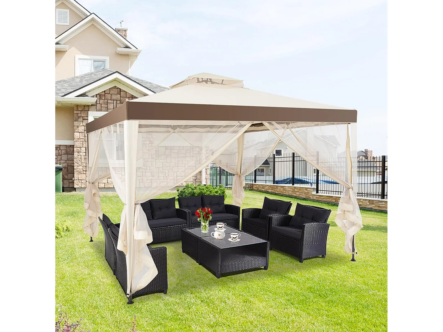 3 x 3 m paviljoen met muggennet en dubbel dak, waterdicht, winterbestendig, tuinpaviljoen, partytent voor terras, tuin, achtertuin (beige)ZB33748