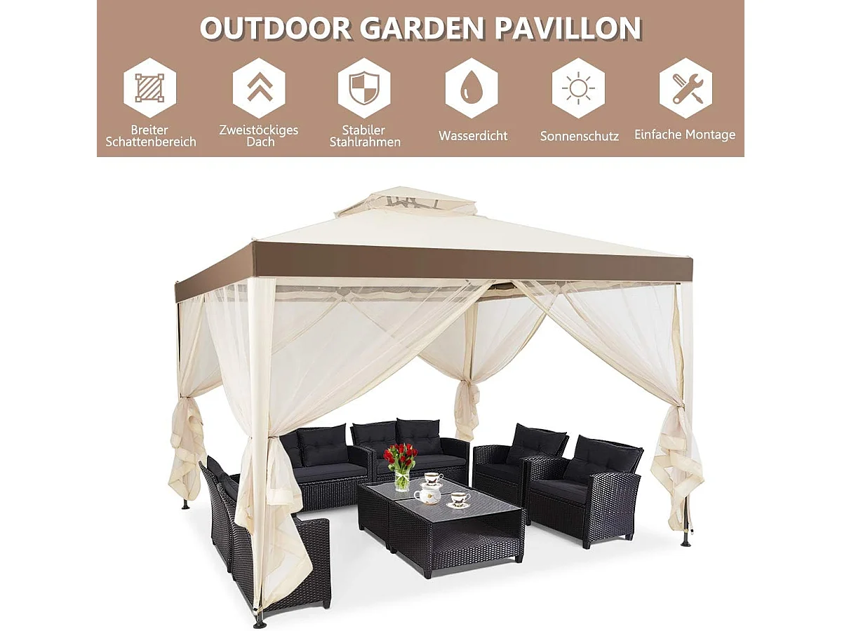 3 x 3 m paviljoen met muggennet en dubbel dak, waterdicht, winterbestendig, tuinpaviljoen, partytent voor terras, tuin, achtertuin (beige)ZB33748