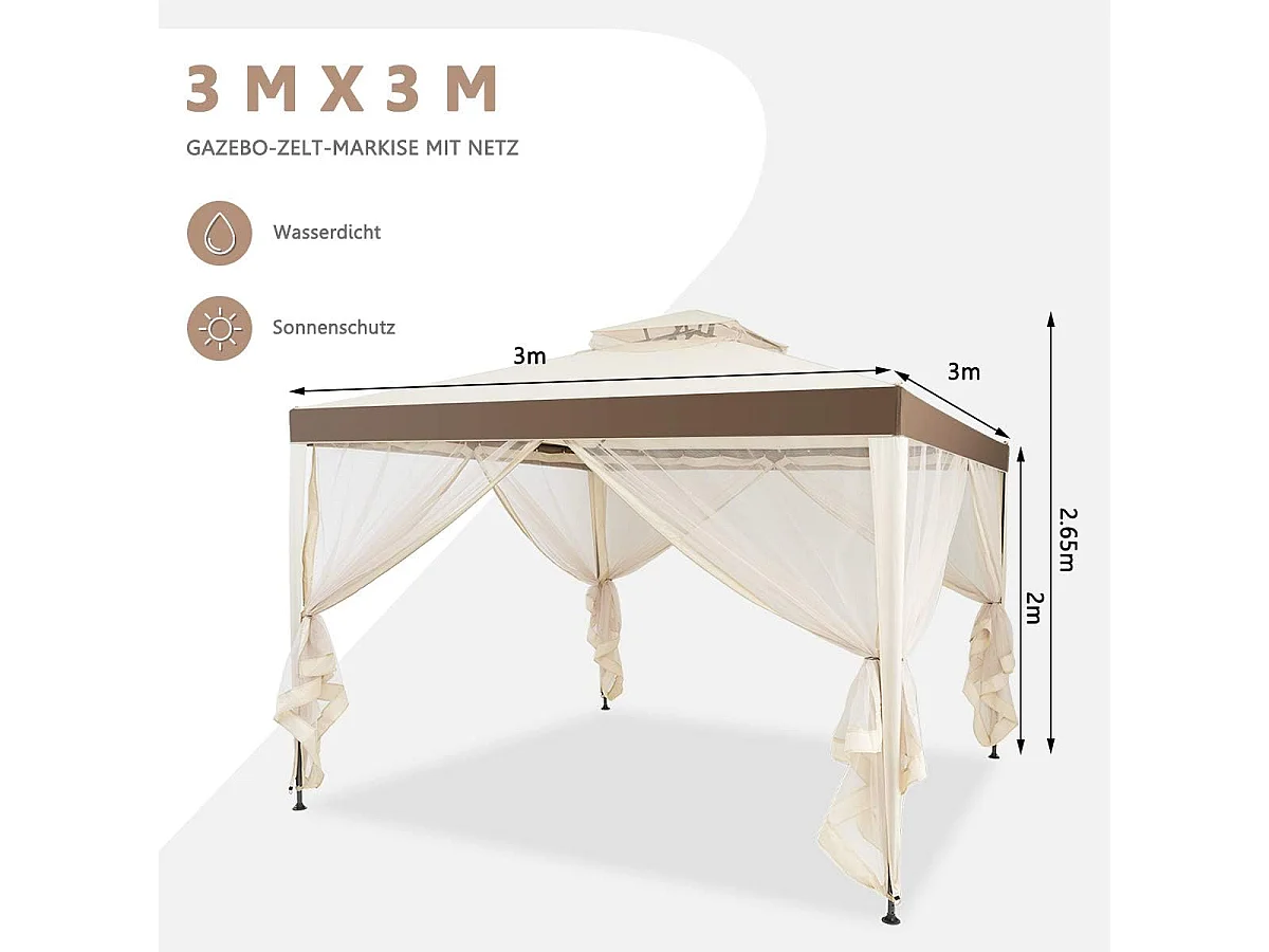 3 x 3 m paviljoen met muggennet en dubbel dak, waterdicht, winterbestendig, tuinpaviljoen, partytent voor terras, tuin, achtertuin (beige)ZB33748