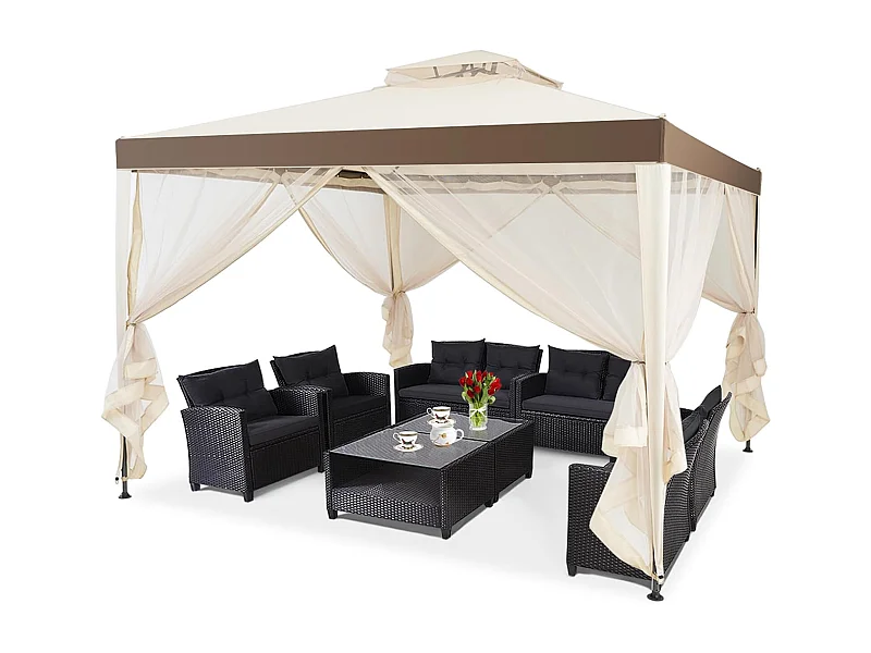 3 x 3 m paviljoen met muggennet en dubbel dak, waterdicht, winterbestendig, tuinpaviljoen, partytent voor terras, tuin, achtertuin (beige)ZB33748