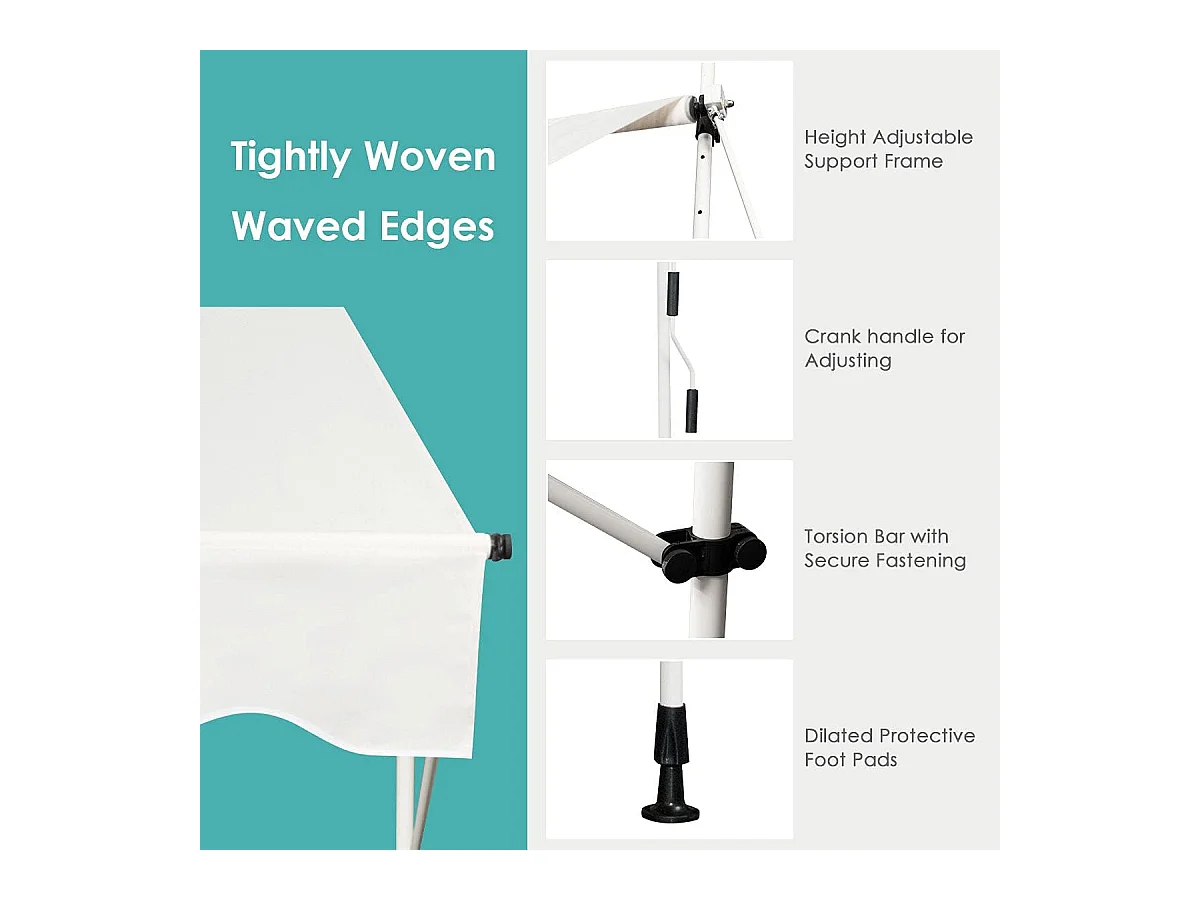 Klemluifel, 400 cm breed, balkonluifel zonder boren, uv-bestendig, in hoogte verstelbaar,luifel met handslinger, zonneluifel,beigeAB92537