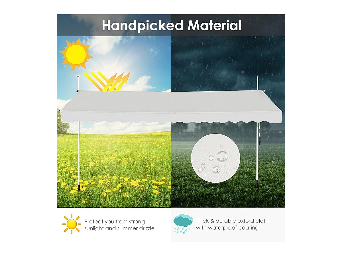 Klemluifel, 400 cm breed, balkonluifel zonder boren, uv-bestendig, in hoogte verstelbaar,luifel met handslinger, zonneluifel,beigeAB92537