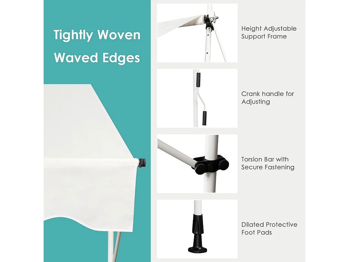 Klemluifel, 400 cm breed, balkonluifel zonder boren, uv-bestendig, in hoogte verstelbaar,luifel met handslinger, zonneluifel,beigeAB92537