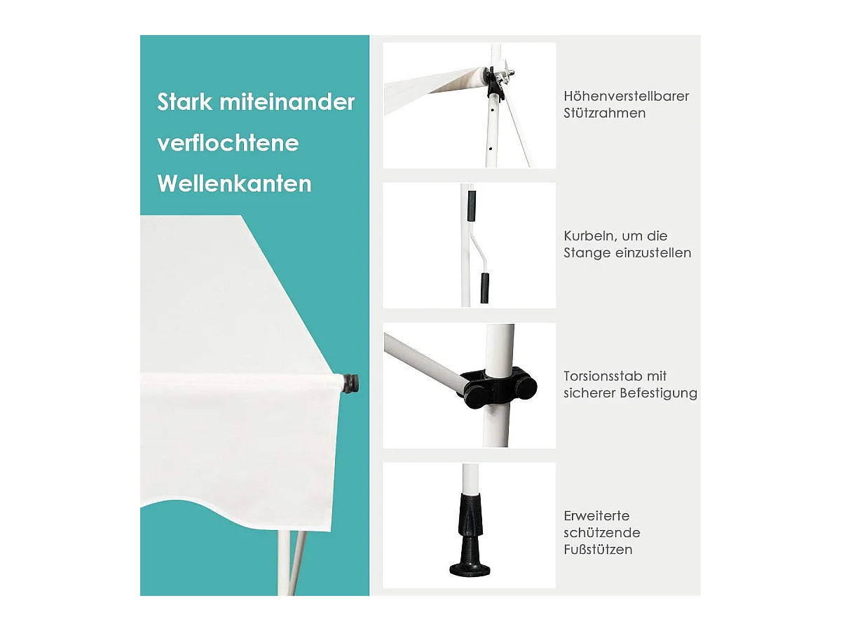 Klemluifel, 150 cm breed, balkonluifel zonder boren, uv-bestendig, in hoogte verstelbaar,luifel met handslinger, zonneluifel,beigeAB92530