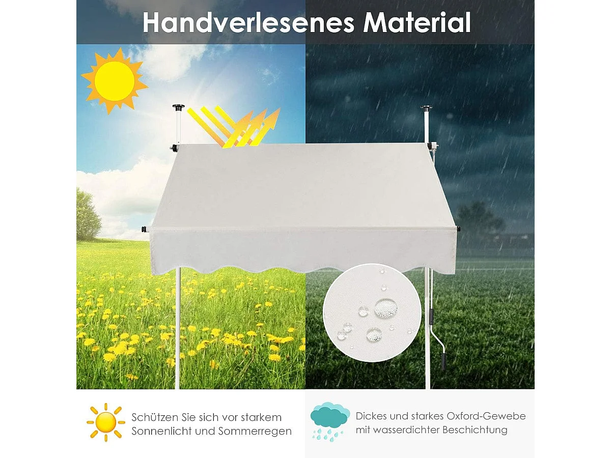 Klemluifel, 150 cm breed, balkonluifel zonder boren, uv-bestendig, in hoogte verstelbaar,luifel met handslinger, zonneluifel,beigeAB92530