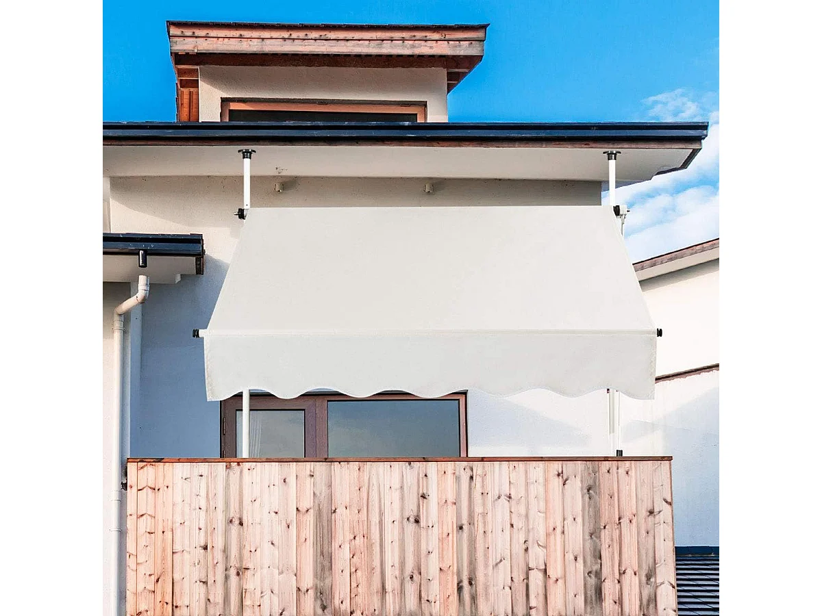 Klemluifel, 150 cm breed, balkonluifel zonder boren, uv-bestendig, in hoogte verstelbaar,luifel met handslinger, zonneluifel,beigeAB92530