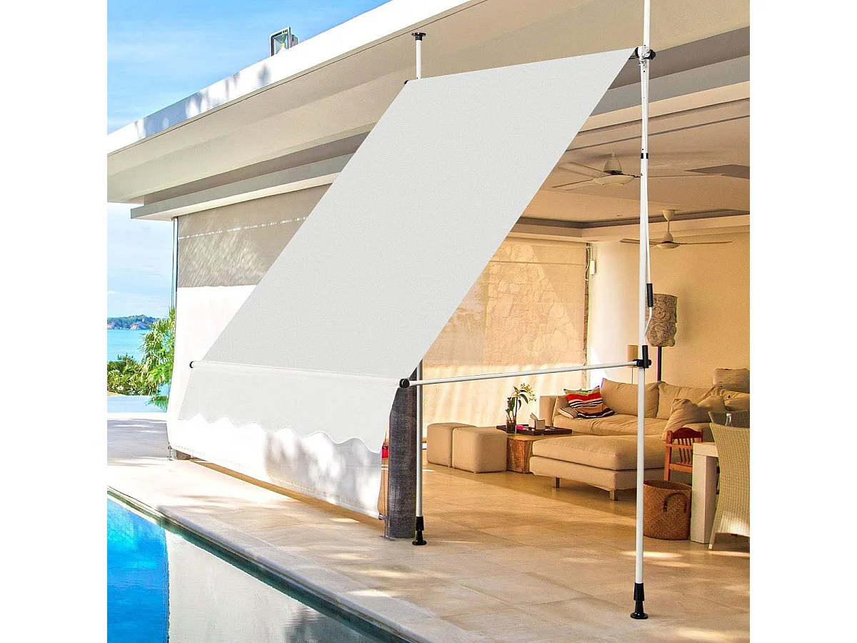 Klemluifel, 350 cm breed, balkonluifel zonder boren, uv-bestendig, in hoogte verstelbaar,luifel met handslinger, zonneluifel,grijsZB33758