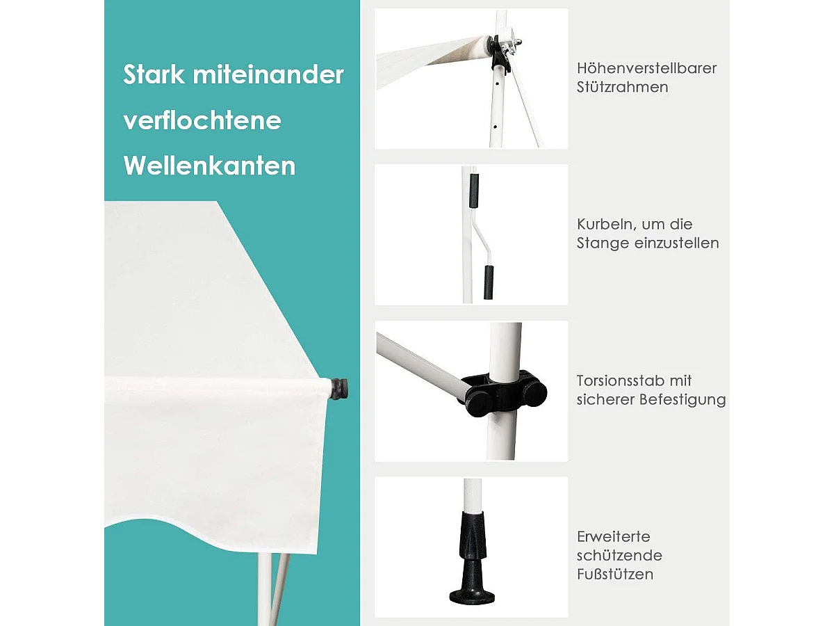 Klemluifel, 350 cm breed, balkonluifel zonder boren, uv-bestendig, in hoogte verstelbaar,luifel met handslinger, zonneluifel,grijsZB33758