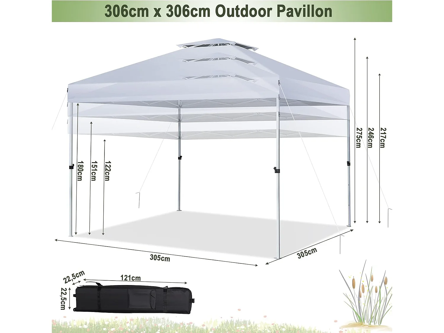 3x3m pop-up paviljoen,tuinpaviljoen en draagtas op wieltje,uv-bescherming 50+,vouwpaviljoen,in hoogte verstelbaar,tuintent voortuin,strandZB32057