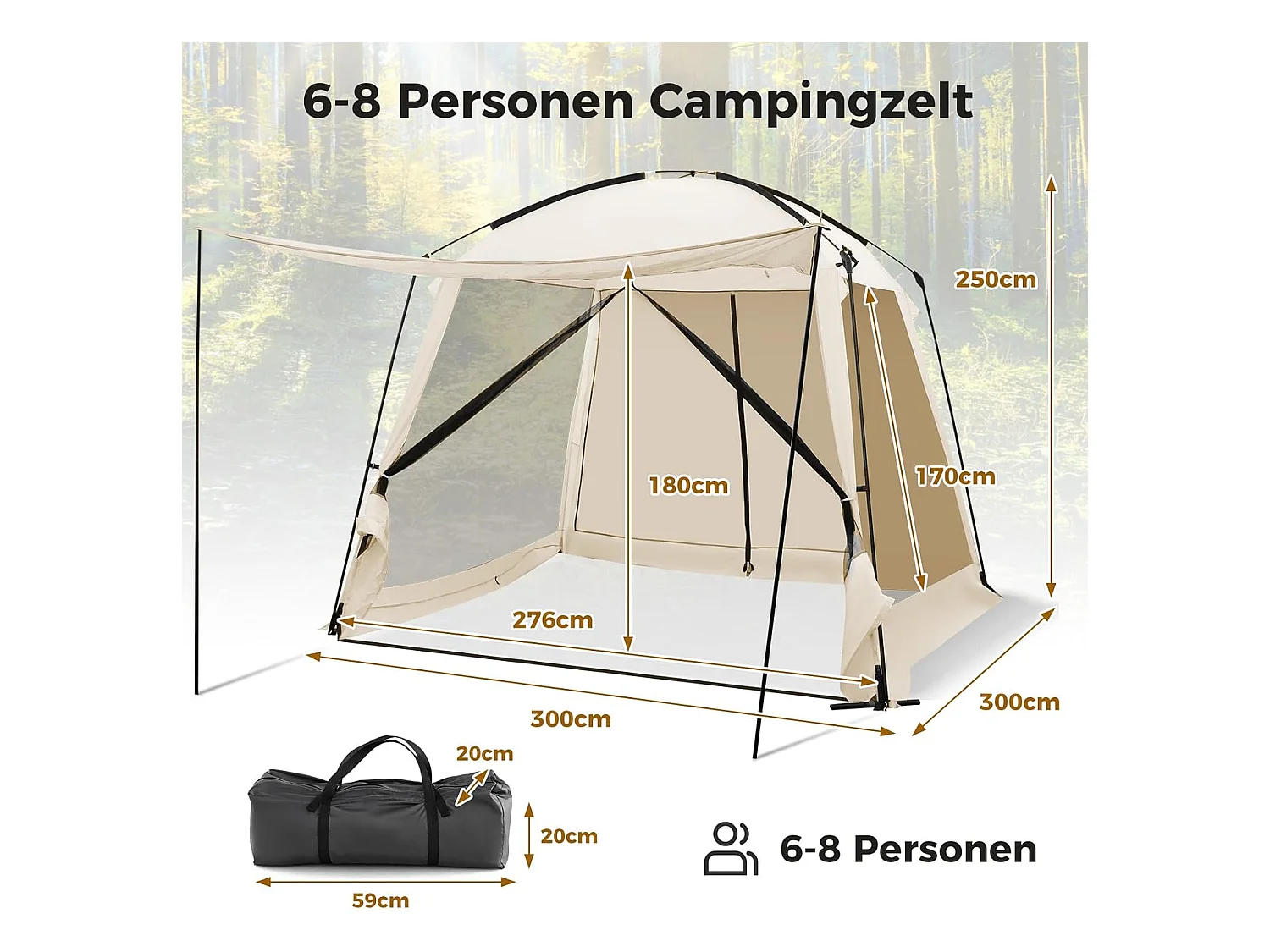 Tent voor 6-8 personen, campingtent met voortent, waterdicht, familietent met draagtas voor trekking, kamperen ZB33654