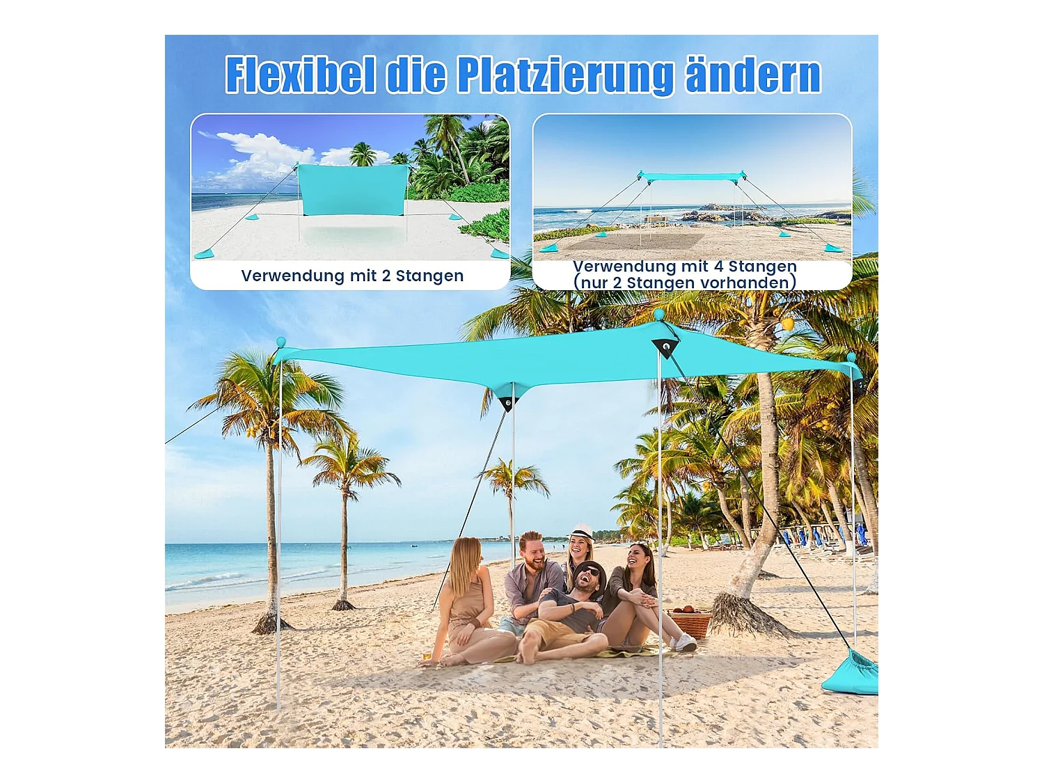 Strandtent 230x200 cm, UPF 50+, zonnetent met zandankers, draagbare zonwering, zonnedak voor strand, vissen, picknick, turquoise ZB33850