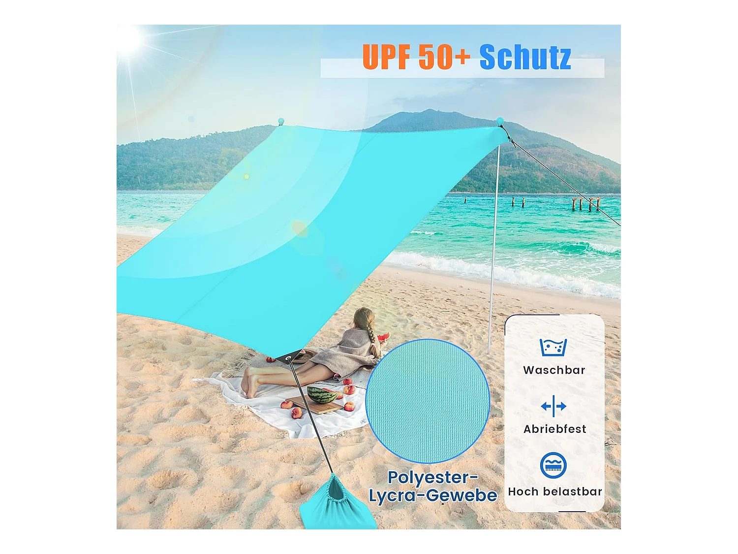 Strandtent 230x200 cm, UPF 50+, zonnetent met zandankers, draagbare zonwering, zonnedak voor strand, vissen, picknick, turquoise ZB33850