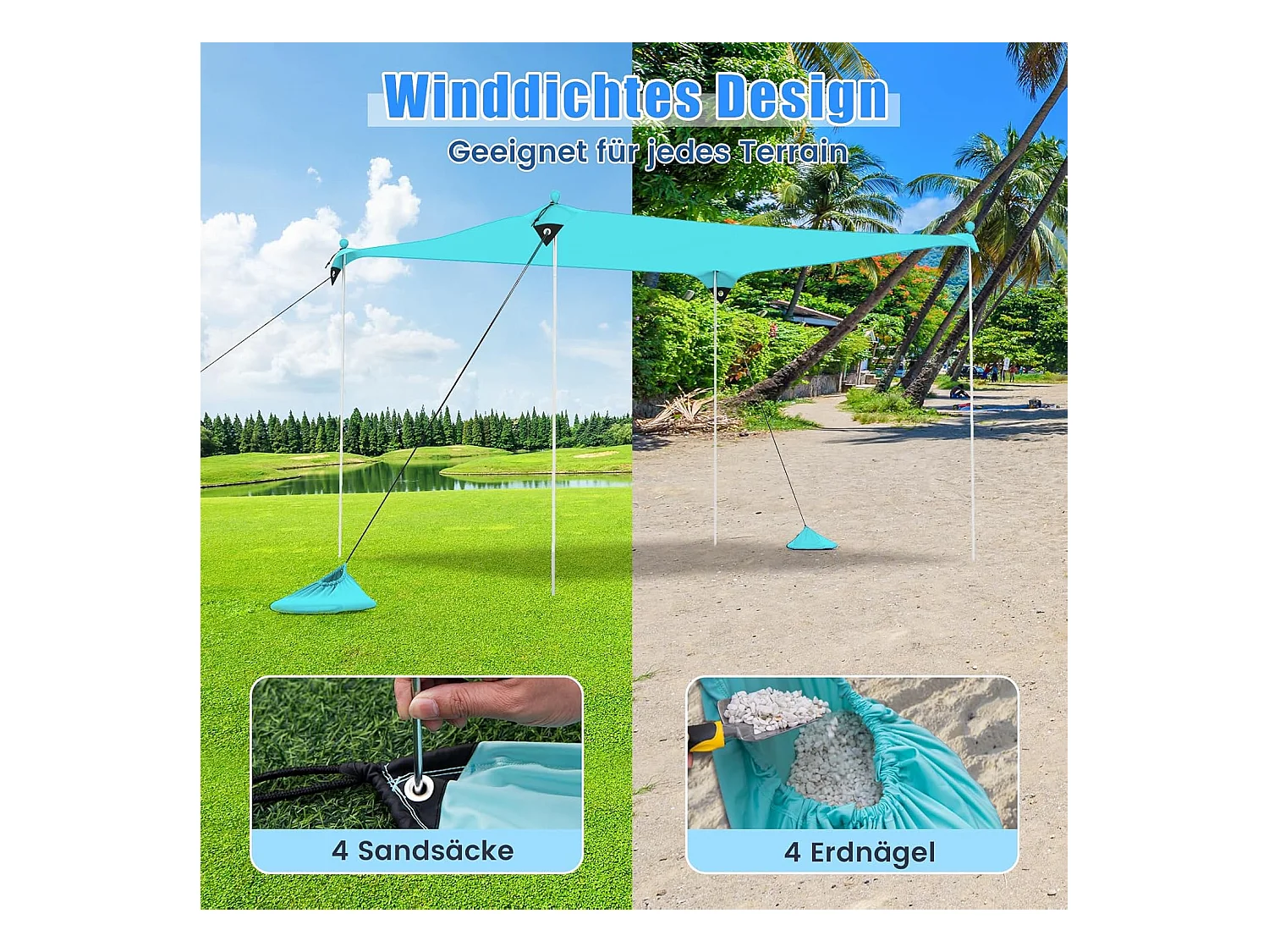 Strandtent 230x200 cm, UPF 50+, zonnetent met zandankers, draagbare zonwering, zonnedak voor strand, vissen, picknick, turquoise ZB33850