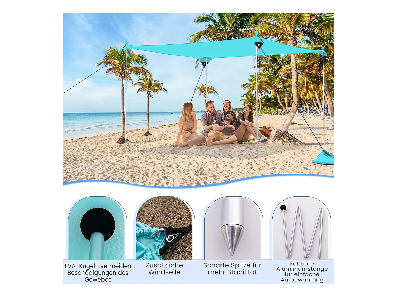 Strandtent 230x200 cm, UPF 50+, zonnetent met zandankers, draagbare zonwering, zonnedak voor strand, vissen, picknick, turquoise ZB33850