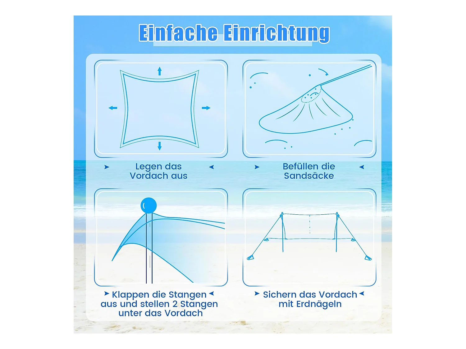 Strandtent 230x200 cm, UPF 50+, zonnetent met zandankers, draagbare zonwering, zonnedak voor strand, vissen, picknick, turquoise ZB33850