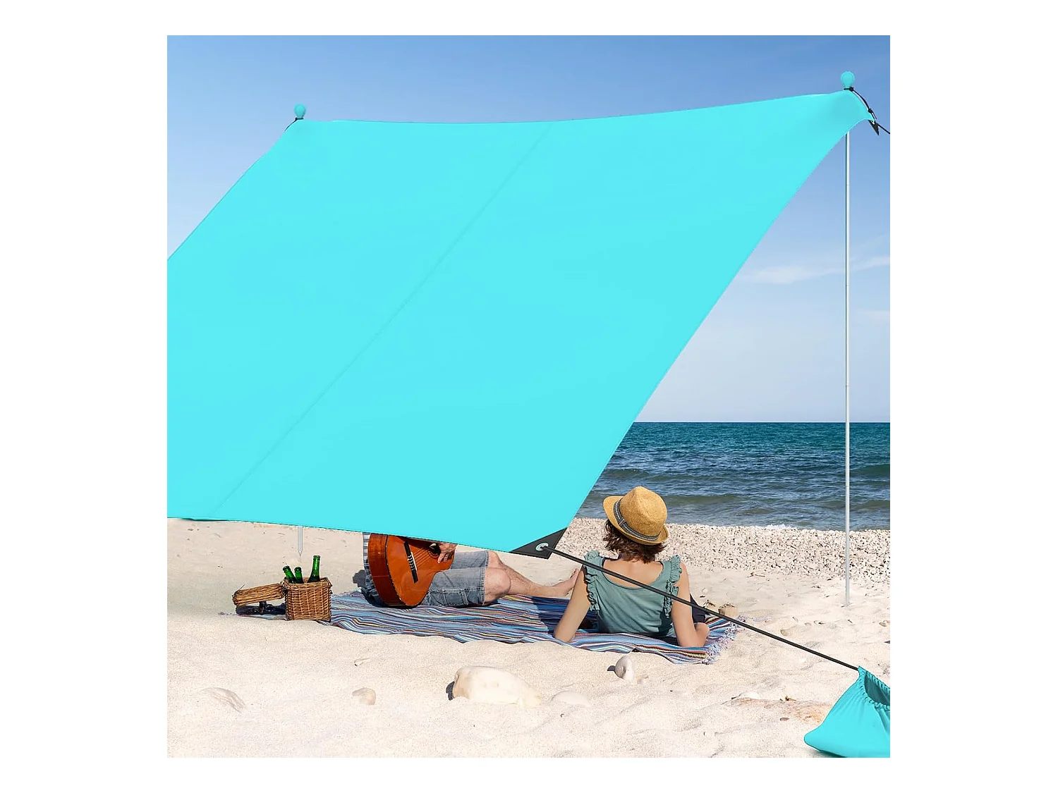 Strandtent 230x200 cm, UPF 50+, zonnetent met zandankers, draagbare zonwering, zonnedak voor strand, vissen, picknick, turquoise ZB33850