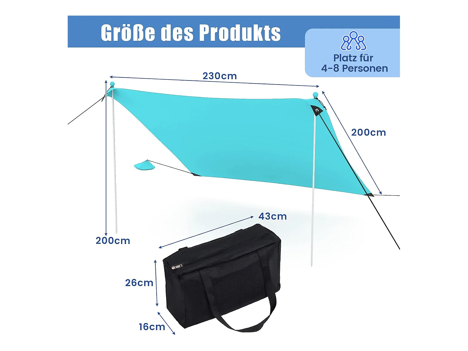 Strandtent 230x200 cm, UPF 50+, zonnetent met zandankers, draagbare zonwering, zonnedak voor strand, vissen, picknick, turquoise ZB33850