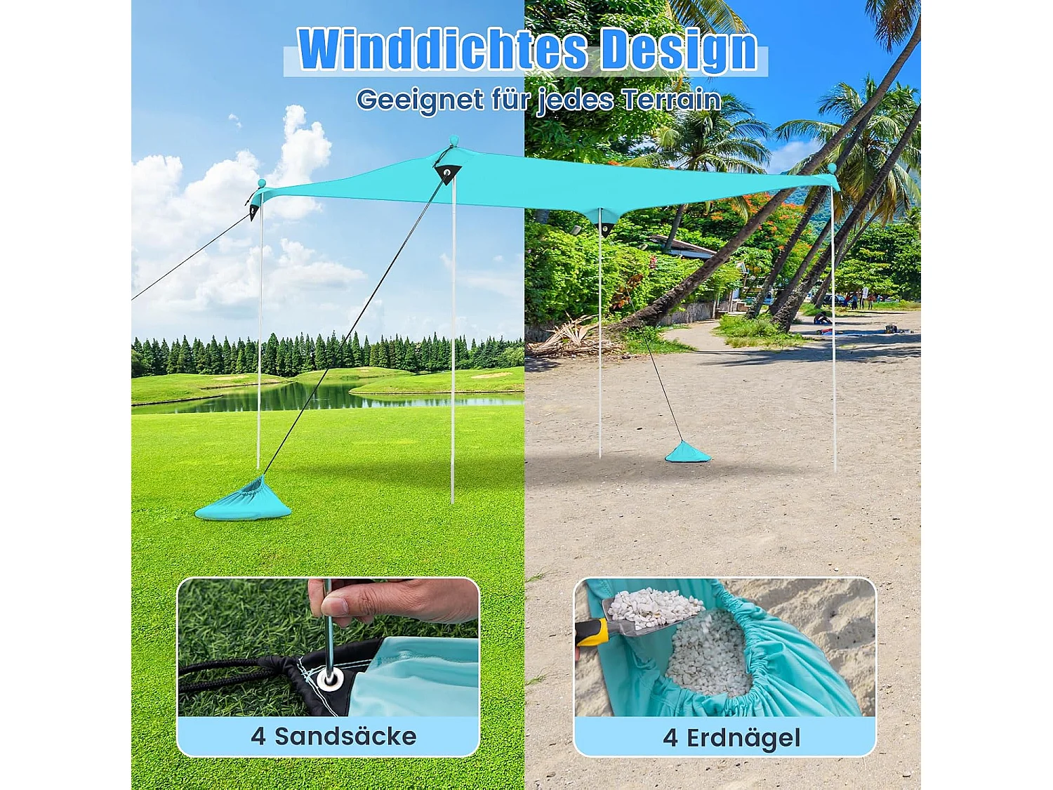 Strandtent 230x200 cm, UPF 50+, zonnetent met zandankers, draagbare zonwering, zonnedak voor strand, vissen, picknick, turquoise ZB33850