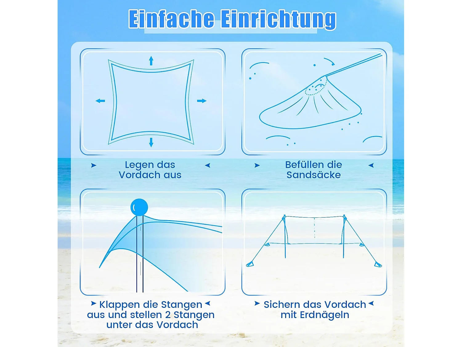 Strandtent 230x200 cm, UPF 50+, zonnetent met zandankers, draagbare zonwering, zonnedak voor strand, vissen, picknick, turquoise ZB33850