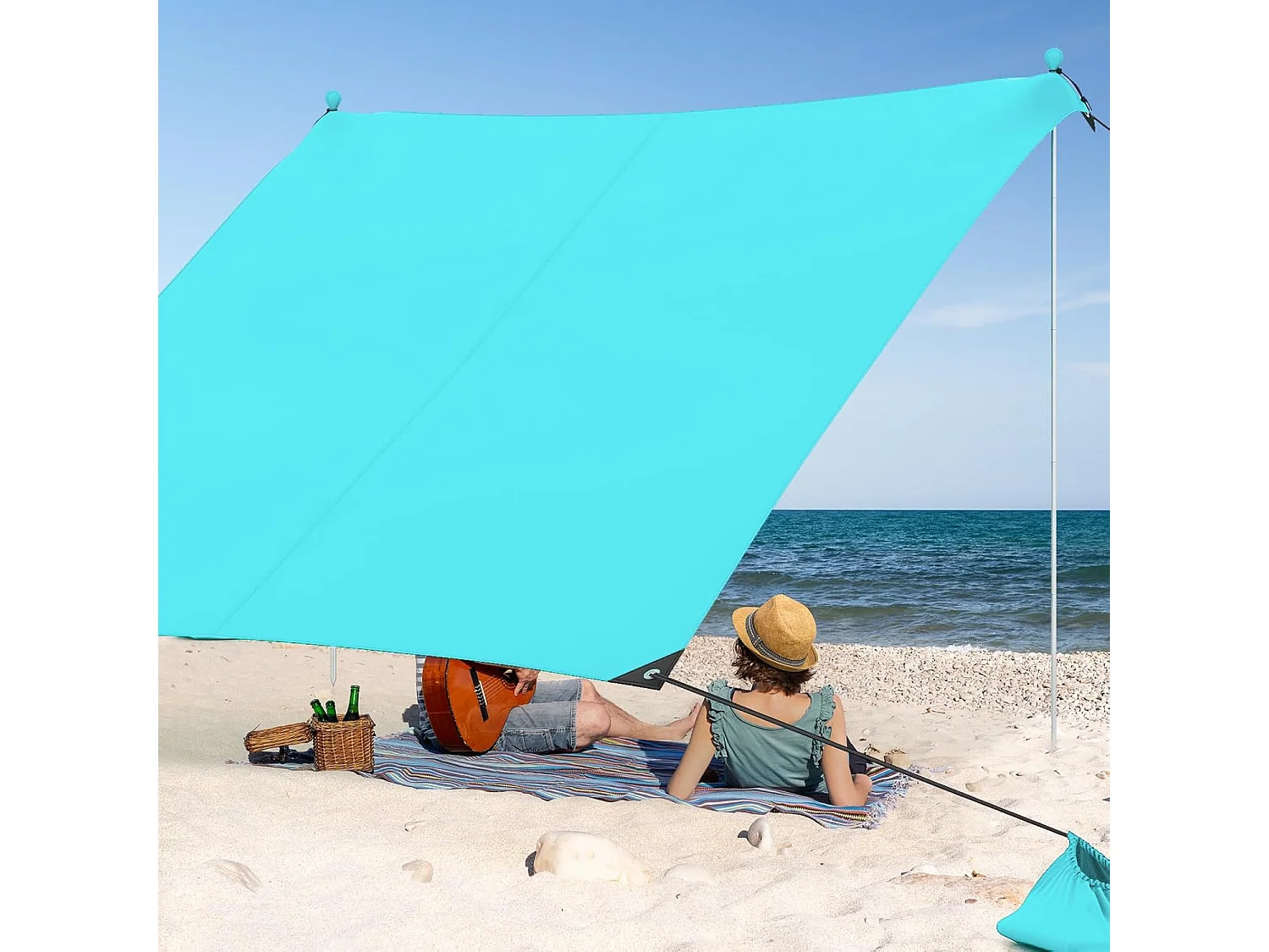 Strandtent 230x200 cm, UPF 50+, zonnetent met zandankers, draagbare zonwering, zonnedak voor strand, vissen, picknick, turquoise ZB33850