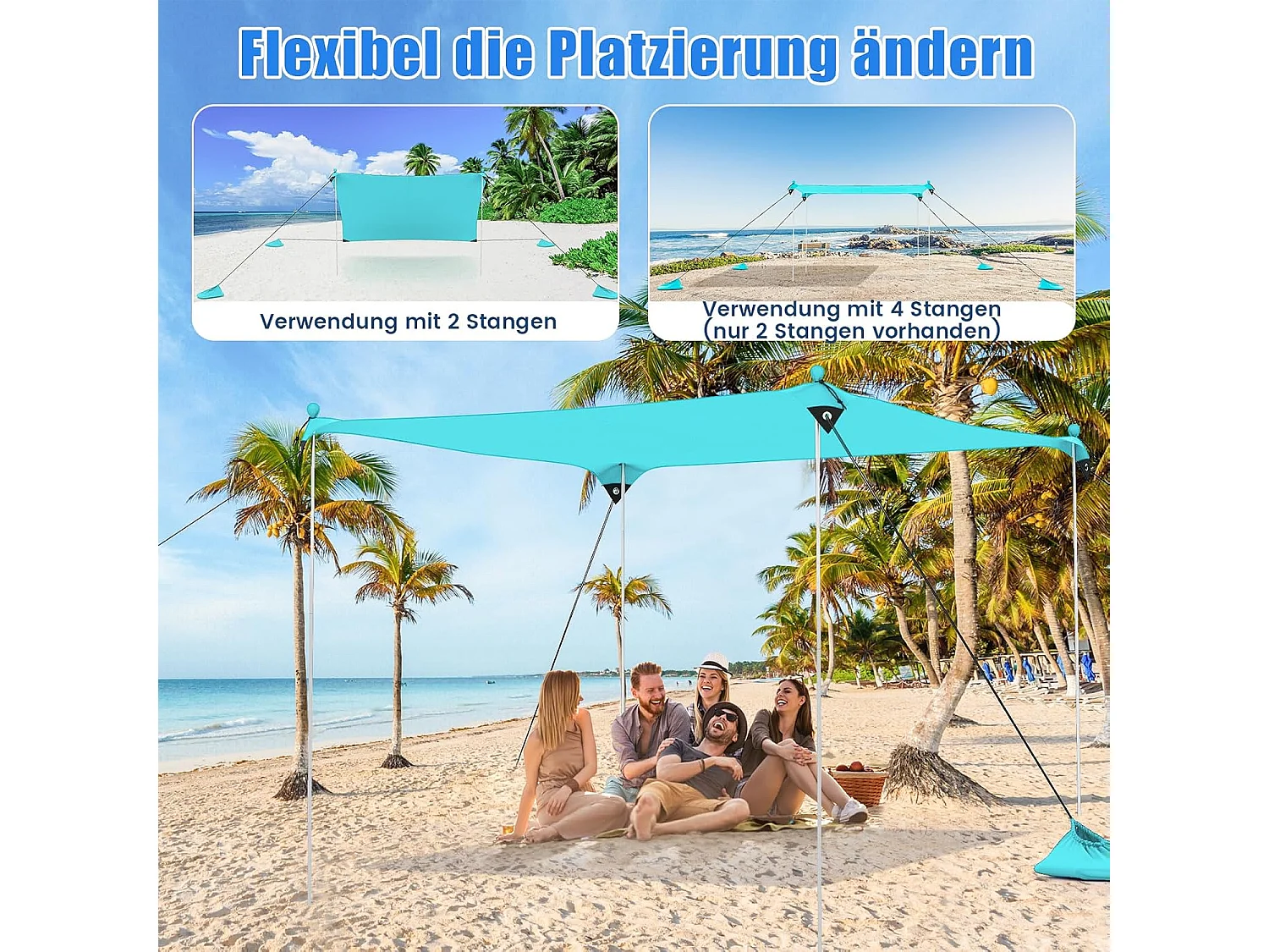 Strandtent 300 x 300 cm, UPF 50+, zonnetent met zandankers,draagbare zonwering, zonnedak voor strand, vissen, picknick, turquoiseZB33851