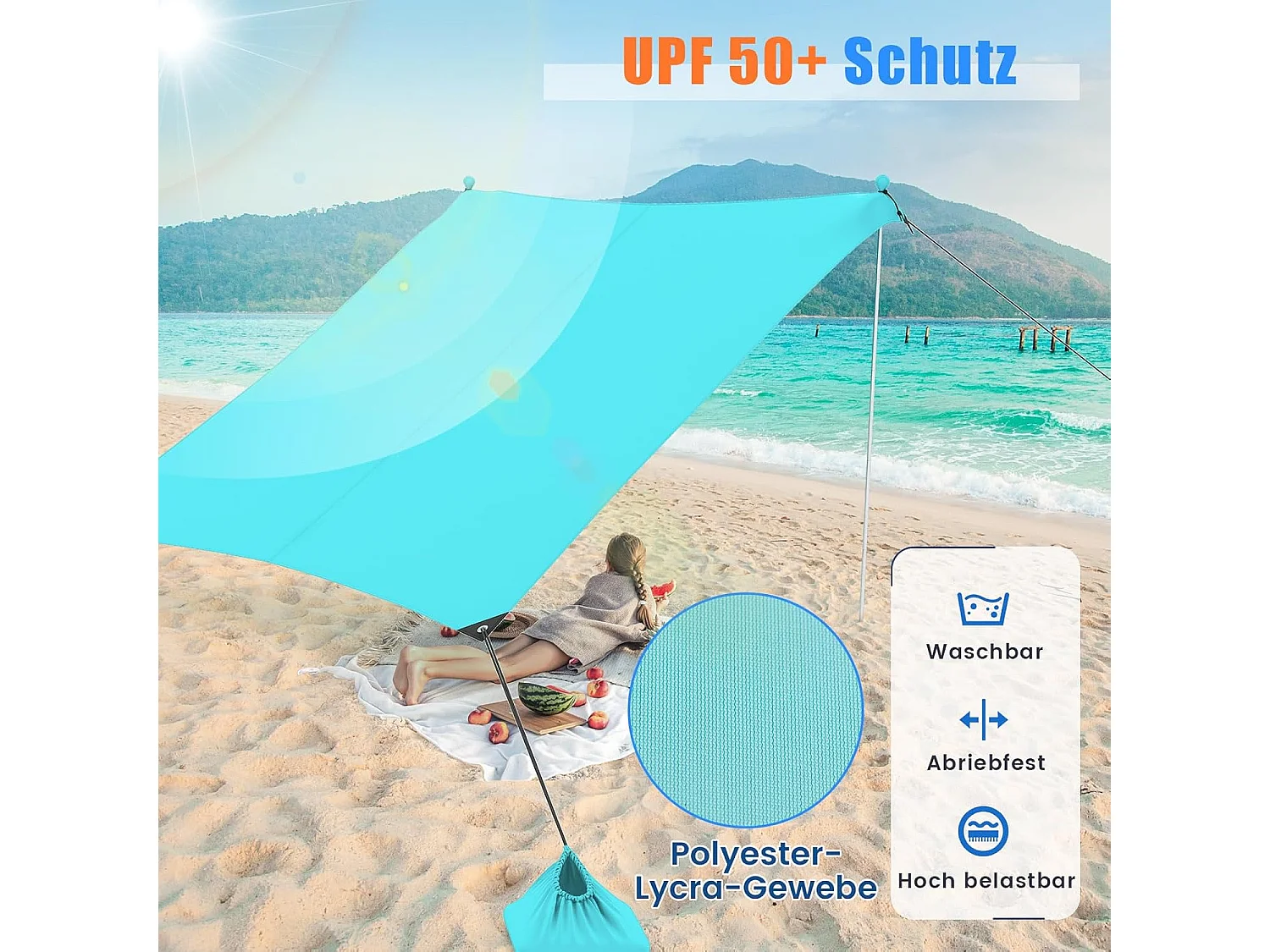 Strandtent 300 x 300 cm, UPF 50+, zonnetent met zandankers,draagbare zonwering, zonnedak voor strand, vissen, picknick, turquoiseZB33851