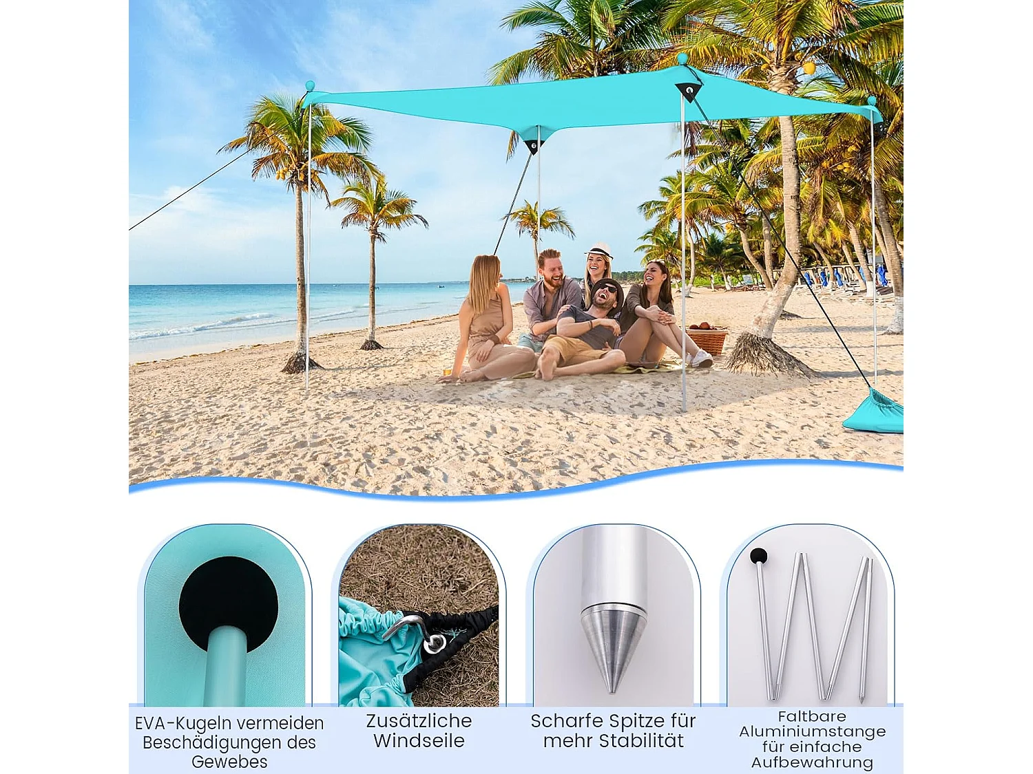 Strandtent 300 x 300 cm, UPF 50+, zonnetent met zandankers,draagbare zonwering, zonnedak voor strand, vissen, picknick, turquoiseZB33851