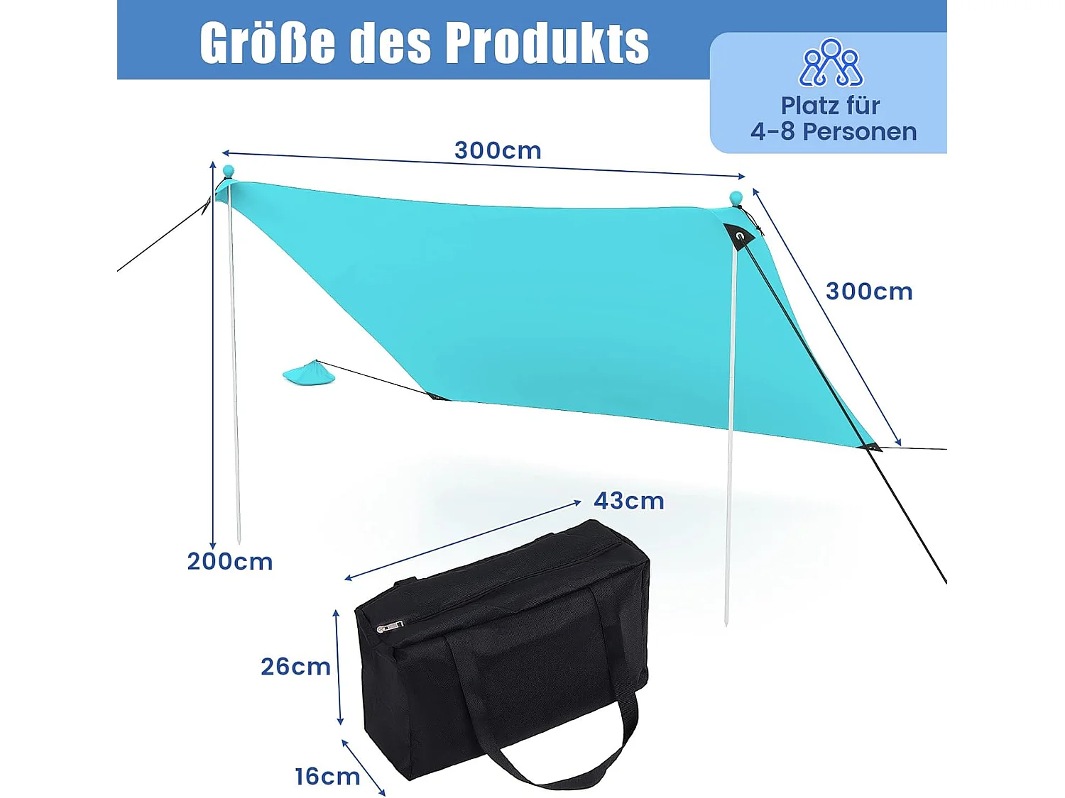 Strandtent 300 x 300 cm, UPF 50+, zonnetent met zandankers,draagbare zonwering, zonnedak voor strand, vissen, picknick, turquoiseZB33851