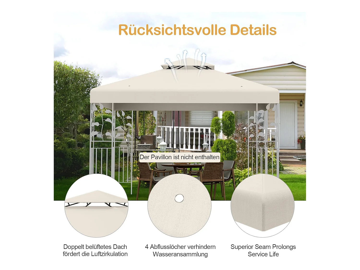 3 x 3 m reservedak voor paviljoen, dubbel dak, paviljoendak, paviljoenafdekking (beige)ZB32740