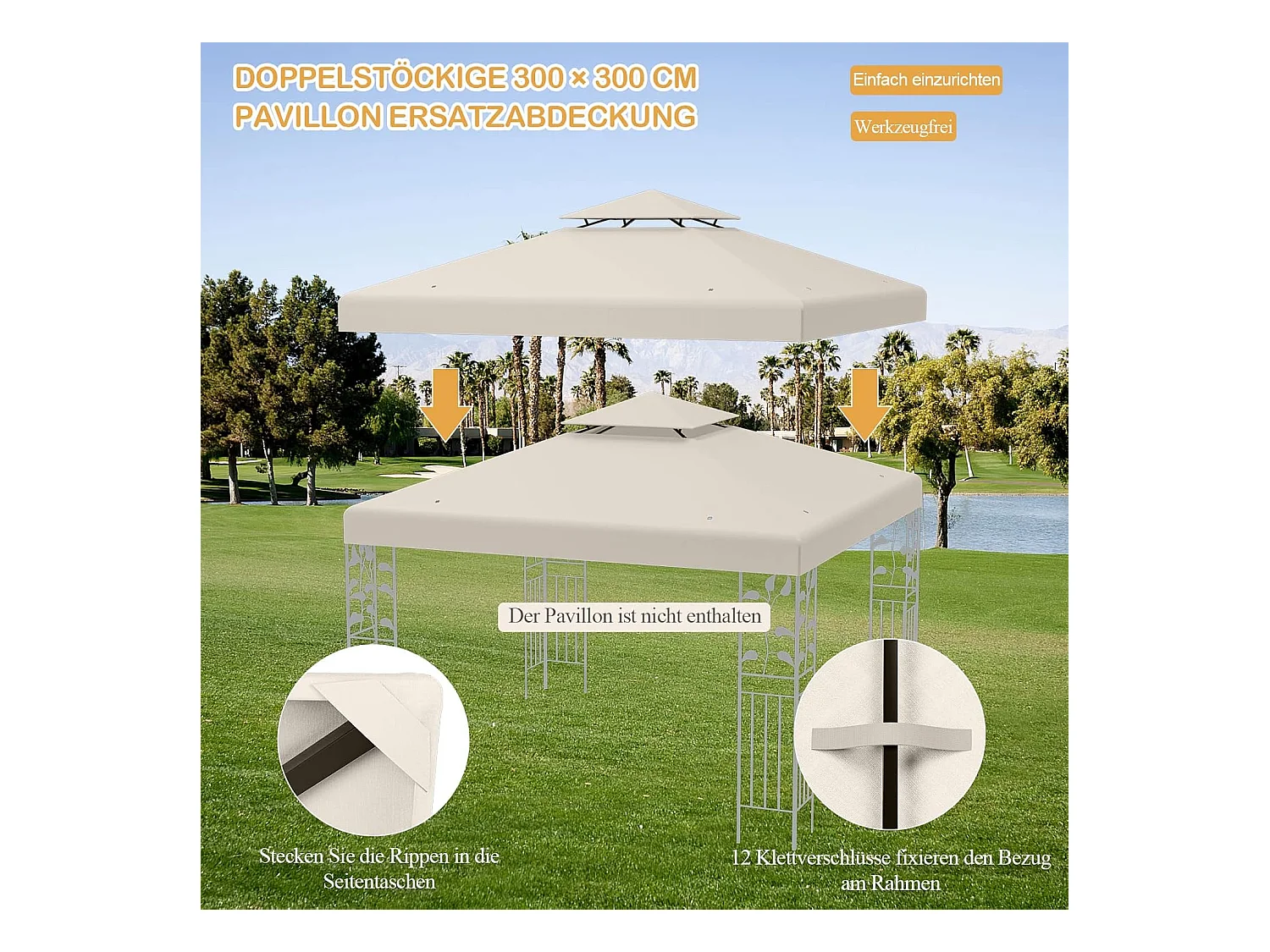 3 x 3 m reservedak voor paviljoen, dubbel dak, paviljoendak, paviljoenafdekking (beige)ZB32740