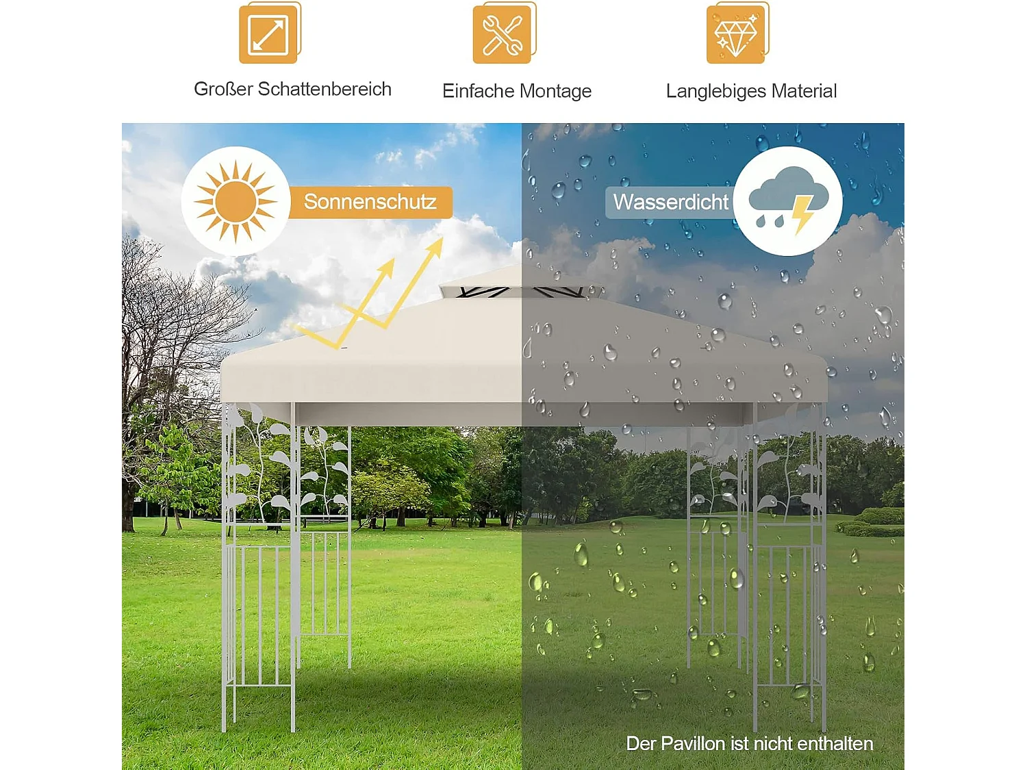 3 x 3 m reservedak voor paviljoen, dubbel dak, paviljoendak, paviljoenafdekking (beige)ZB32740
