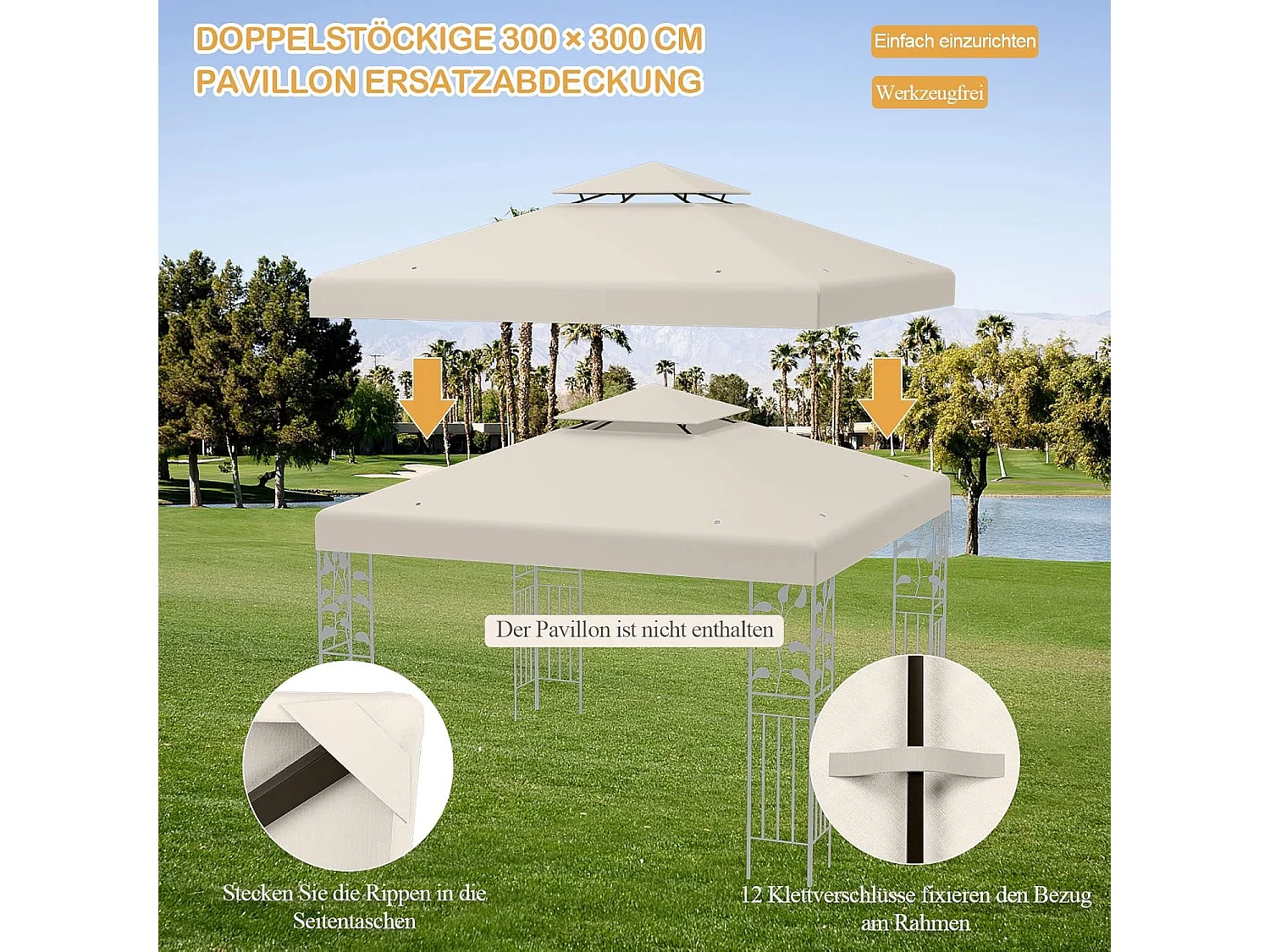 3 x 3 m reservedak voor paviljoen, dubbel dak, paviljoendak, paviljoenafdekking (beige)ZB32740