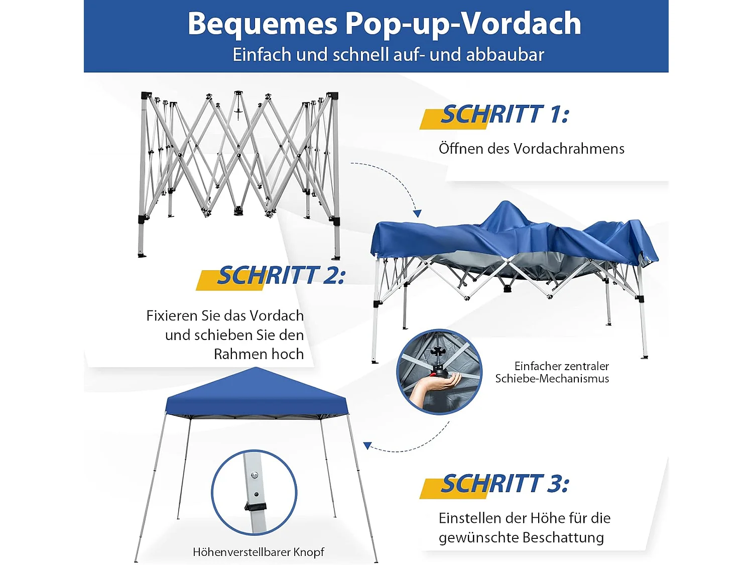 3x3m vouwpaviljoen, pop-up tuinpaviljoen, paviljoen, opvouwbaar, uv-bescherming 50+, verstelbaar op 3 hoogteniveaus, voor strand, camping ZB32060