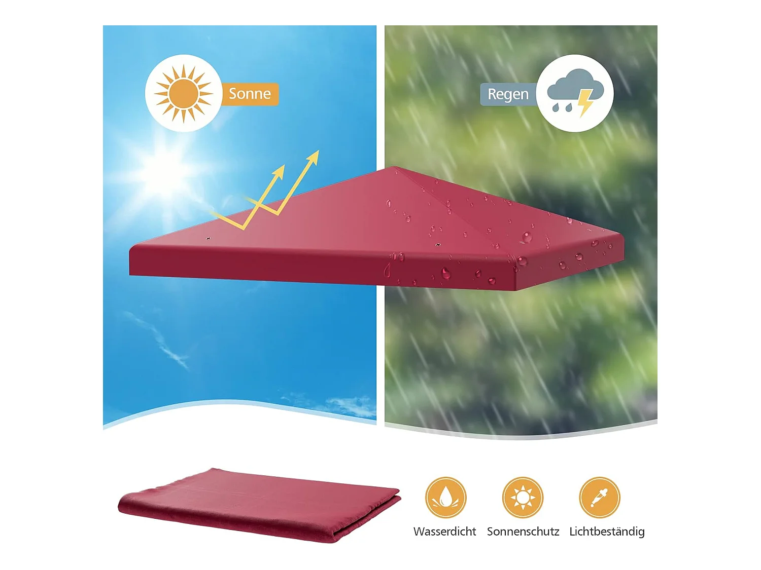 3 x 3 m reservedak voor tuinpaviljoen, paviljoendak, vervangende hoes met afvoergaten en klittenband (wijn)ZB32749