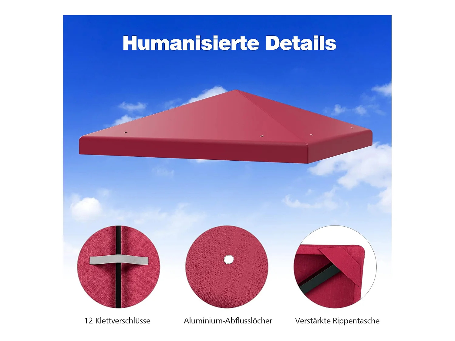 3 x 3 m reservedak voor tuinpaviljoen, paviljoendak, vervangende hoes met afvoergaten en klittenband (wijn)ZB32749